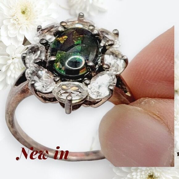 NWOT Sterling Silver Black Fire Opal Ring With Cluster Topaz Jewelry Gift - Picture 7 of 14
